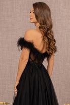 Embroidery Sheer Front Mesh A-line Dress Feather Embellishment GLGL3138-PROM-smcfashion.com