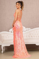 Jewel Bead Lace-up Back Mesh Mermaid Dress Ruffle Slit GLGL3143-PROM-smcfashion.com