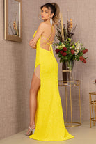 Sequin Lace-up Back Velvet Mermaid Dress Sheer Side Slit GLGL3144-PROM-smcfashion.com