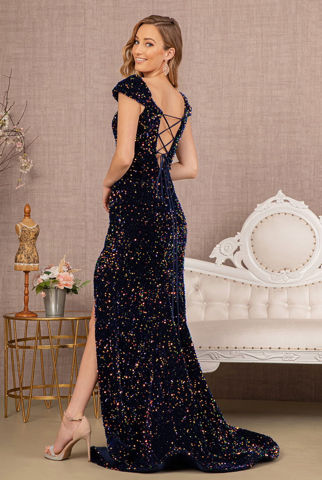 Sequin Off Shoulder Lace-up Back Velvet Mermaid Dress GLGL3148-Prom Dress-smcfashion.com