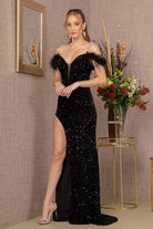 Sequin Cut-away Shoulder Velvet Mermaid Dress Wide Side Slit GLGL3149-PROM-smcfashion.com
