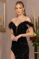 Sequin Cut-away Shoulder Velvet Mermaid Dress Wide Side Slit GLGL3149-PROM-smcfashion.com