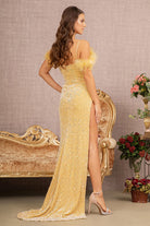 Sequin Cut-away Shoulder Velvet Mermaid Dress Wide Side Slit GLGL3149-PROM-smcfashion.com