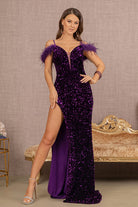 Sequin Cut-away Shoulder Velvet Mermaid Dress Wide Side Slit GLGL3149-PROM-smcfashion.com