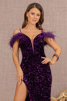 Sequin Cut-away Shoulder Velvet Mermaid Dress Wide Side Slit GLGL3149-PROM-smcfashion.com