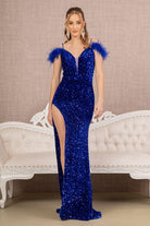 Sequin Cut-away Shoulder Velvet Mermaid Dress Wide Side Slit GLGL3149-PROM-smcfashion.com