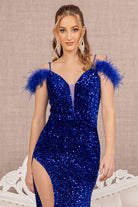Sequin Cut-away Shoulder Velvet Mermaid Dress Wide Side Slit GLGL3149-PROM-smcfashion.com