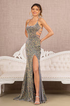 Sequin Cut-out Side Lace-up Back Velvet Mermaid Dress GLGL3150-PROM-smcfashion.com