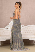 Sequin Cut-out Side Lace-up Back Velvet Mermaid Dress GLGL3150-PROM-smcfashion.com