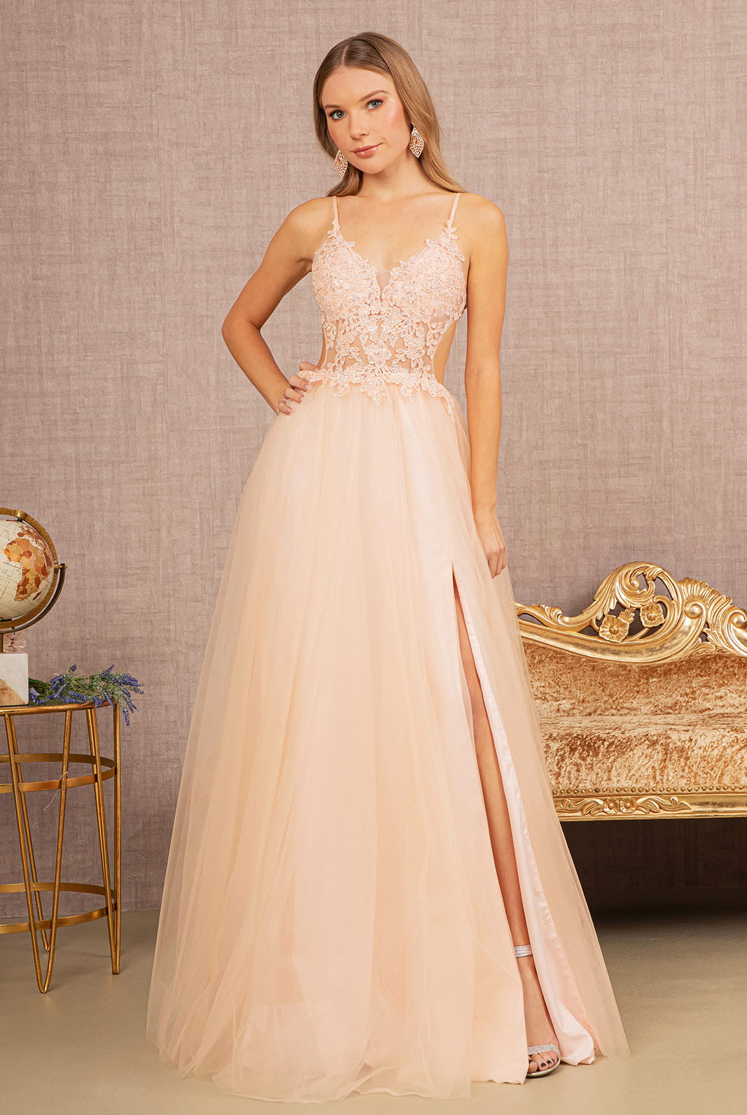 Flower Applique Sheer Front Cut-out Side Mesh A-line Dress GLGL3152-PROM-smcfashion.com