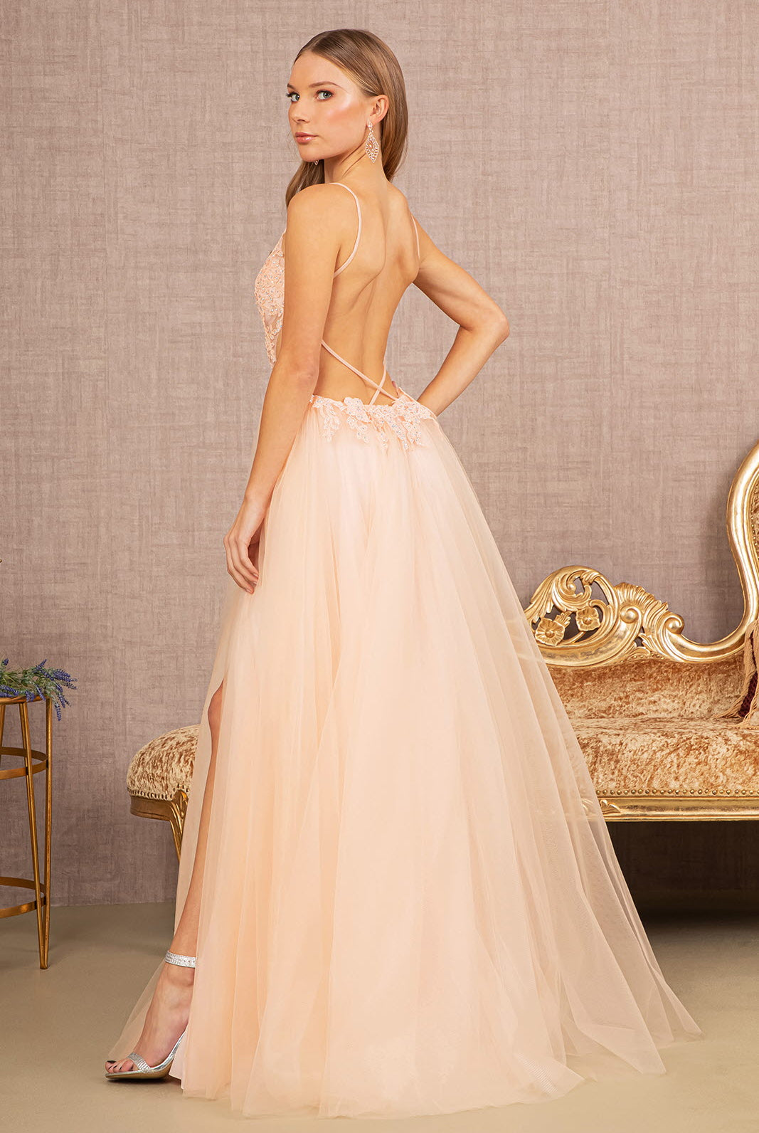 Flower Applique Sheer Front Cut-out Side Mesh A-line Dress GLGL3152-PROM-smcfashion.com