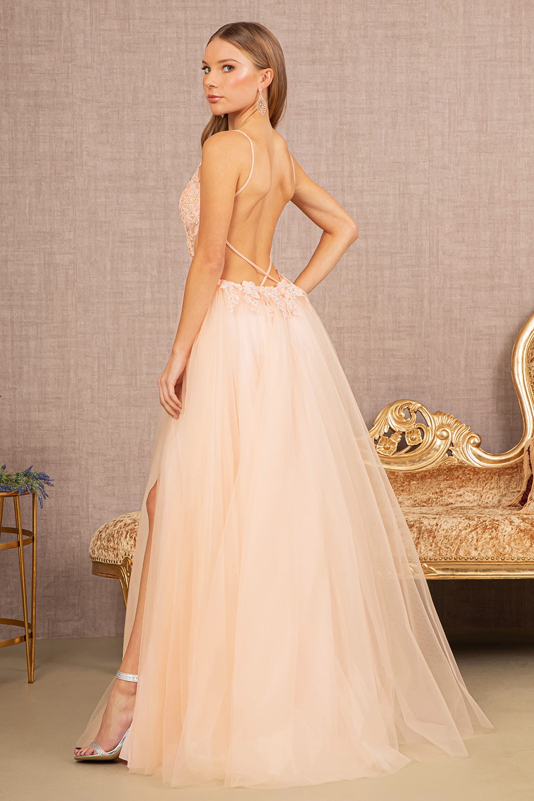 Flower Applique Sheer Front Cut-out Side Mesh A-line Dress GLGL3152-PROM-smcfashion.com