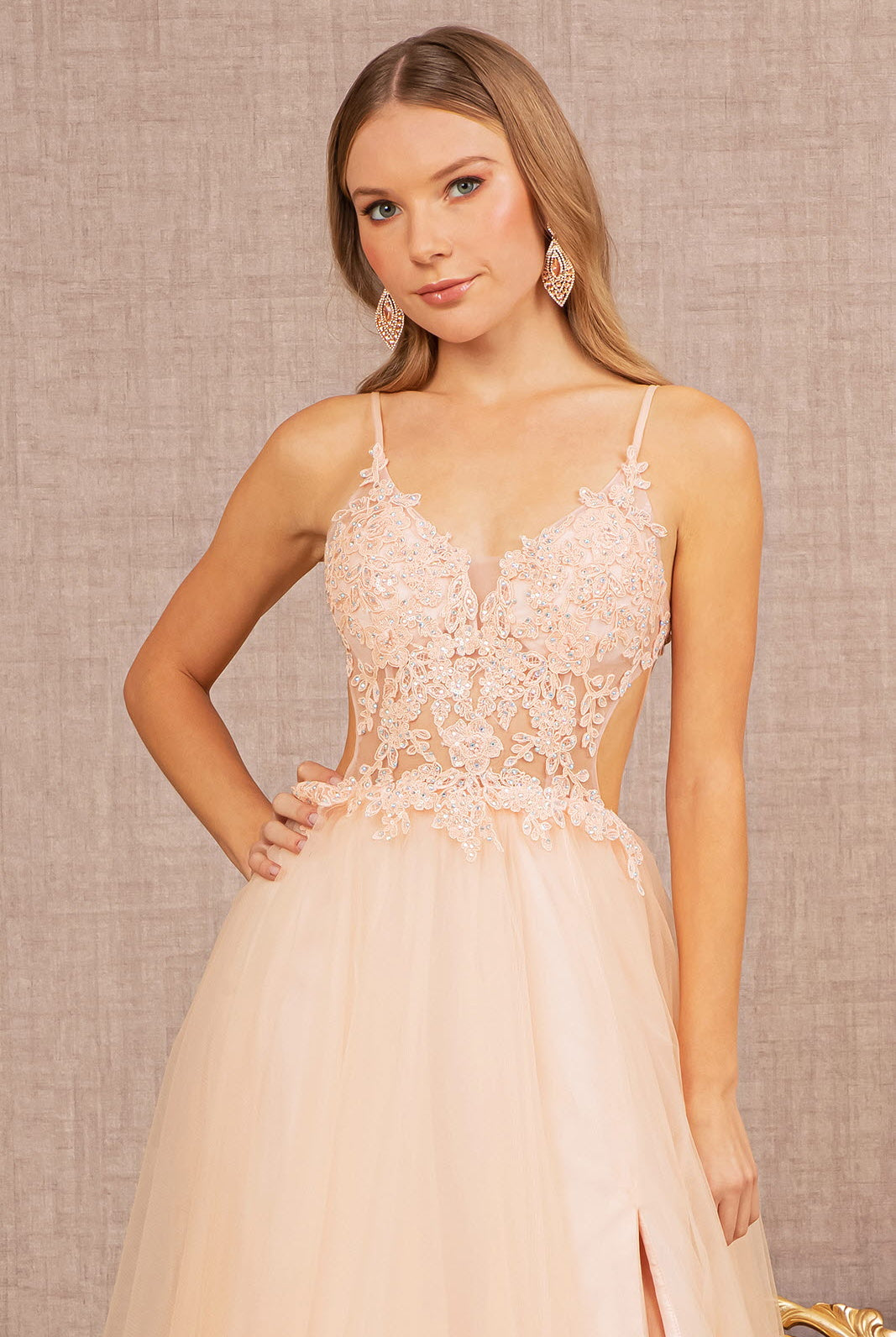 Flower Applique Sheer Front Cut-out Side Mesh A-line Dress GLGL3152-PROM-smcfashion.com