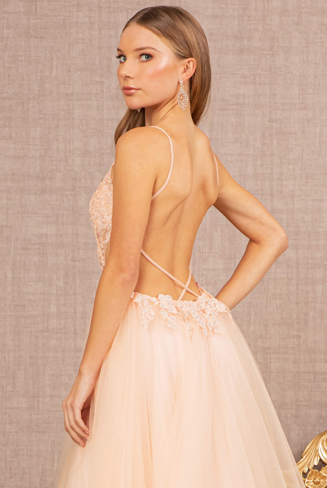 Flower Applique Sheer Front Cut-out Side Mesh A-line Dress GLGL3152-PROM-smcfashion.com