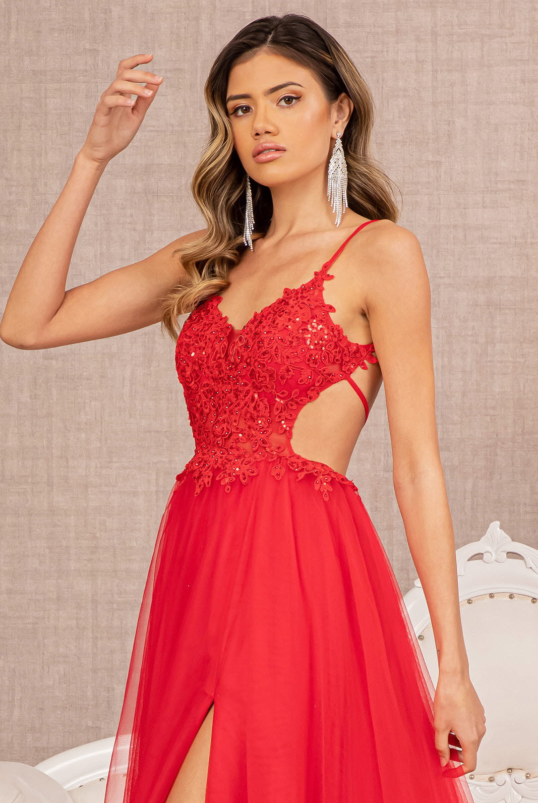 Flower Applique Sheer Front Cut-out Side Mesh A-line Dress GLGL3152-PROM-smcfashion.com
