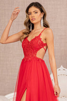 Flower Applique Sheer Front Cut-out Side Mesh A-line Dress GLGL3152-PROM-smcfashion.com