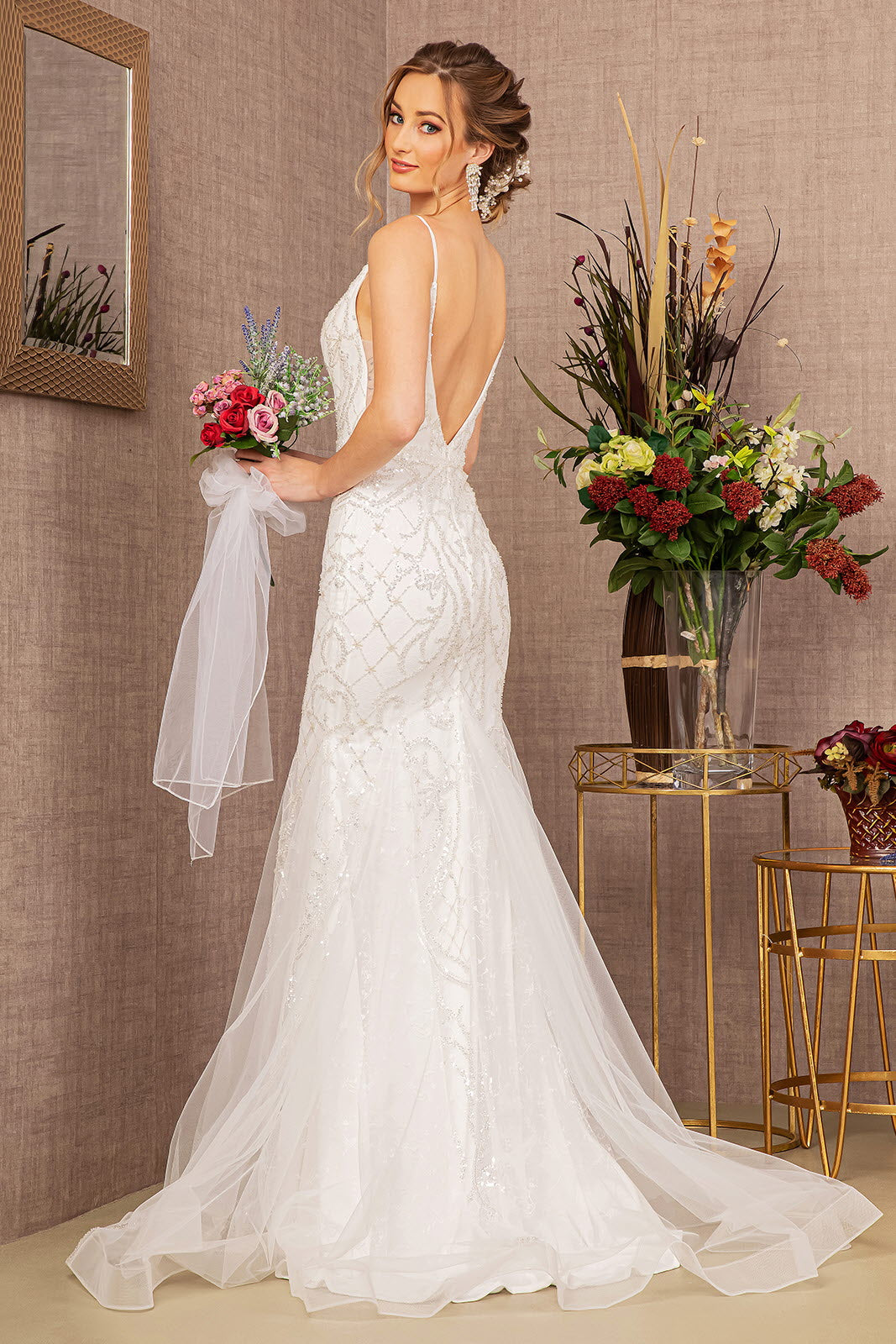 Jewel Bead Wedding Dress Detachable Waist Long Mesh Layer GLGL3157-WEDDING GOWNS-smcfashion.com