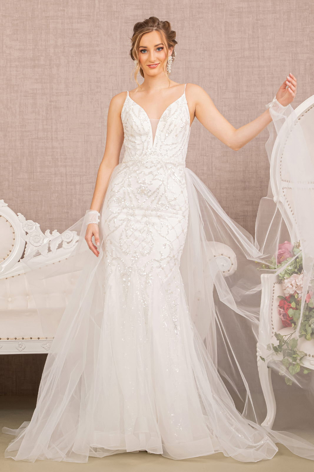 Jewel Bead Wedding Dress Detachable Waist Long Mesh Layer GLGL3157-WEDDING GOWNS-smcfashion.com
