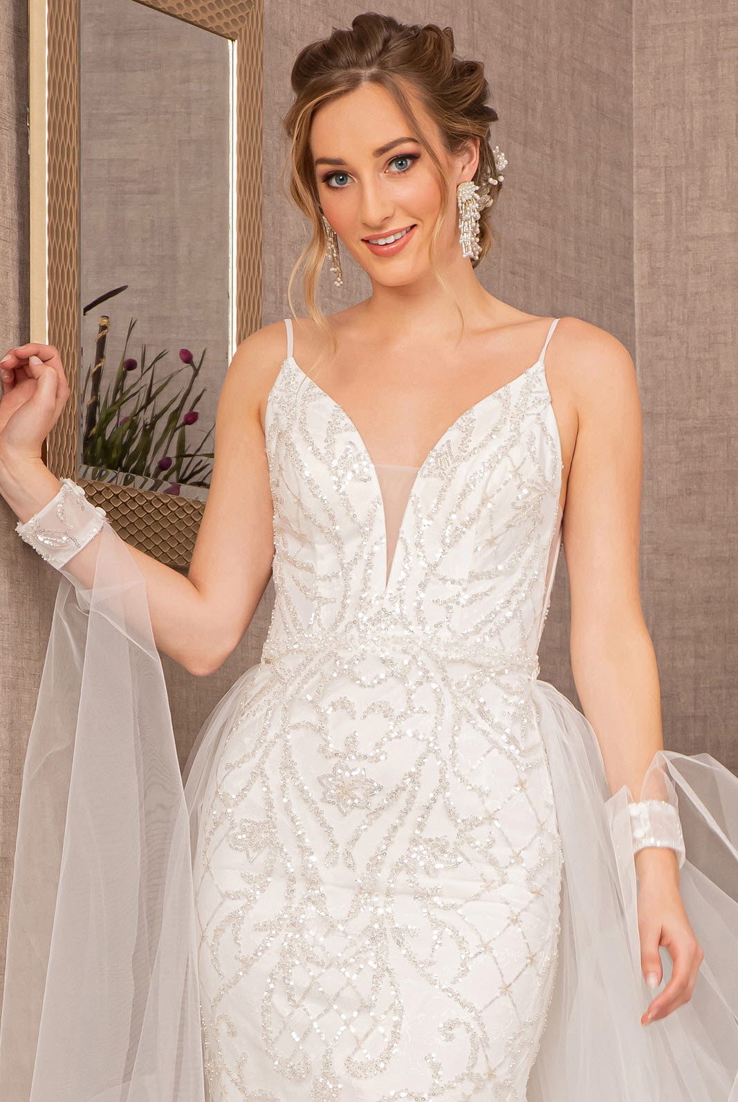 Jewel Bead Wedding Dress Detachable Waist Long Mesh Layer GLGL3157-WEDDING GOWNS-smcfashion.com