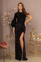 Sequin Asymmetric Velvet Mermaid Dress One Long Puff Sleeve GLGL3159-PROM-smcfashion.com