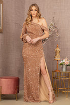Sequin Asymmetric Velvet Mermaid Dress One Long Puff Sleeve GLGL3159-PROM-smcfashion.com