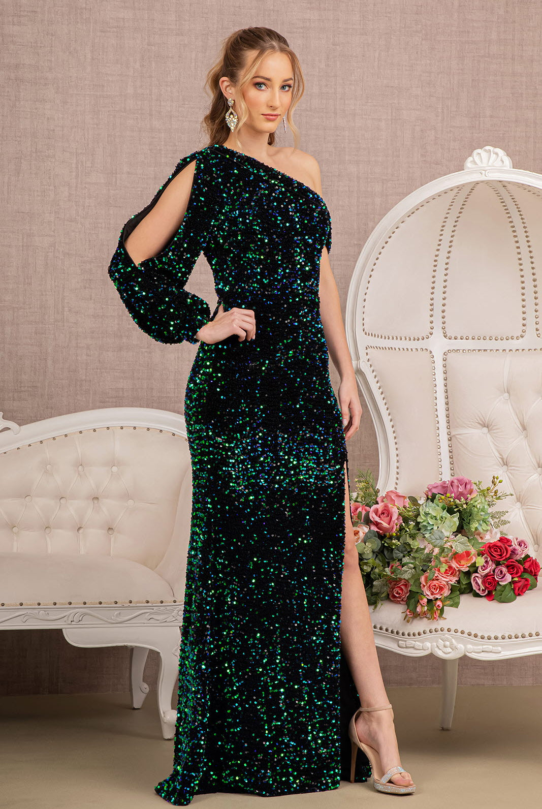 Sequin Asymmetric Velvet Mermaid Dress One Long Puff Sleeve GLGL3159-PROM-smcfashion.com