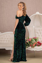 Sequin Asymmetric Velvet Mermaid Dress One Long Puff Sleeve GLGL3159-PROM-smcfashion.com