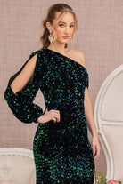 Sequin Asymmetric Velvet Mermaid Dress One Long Puff Sleeve GLGL3159-PROM-smcfashion.com