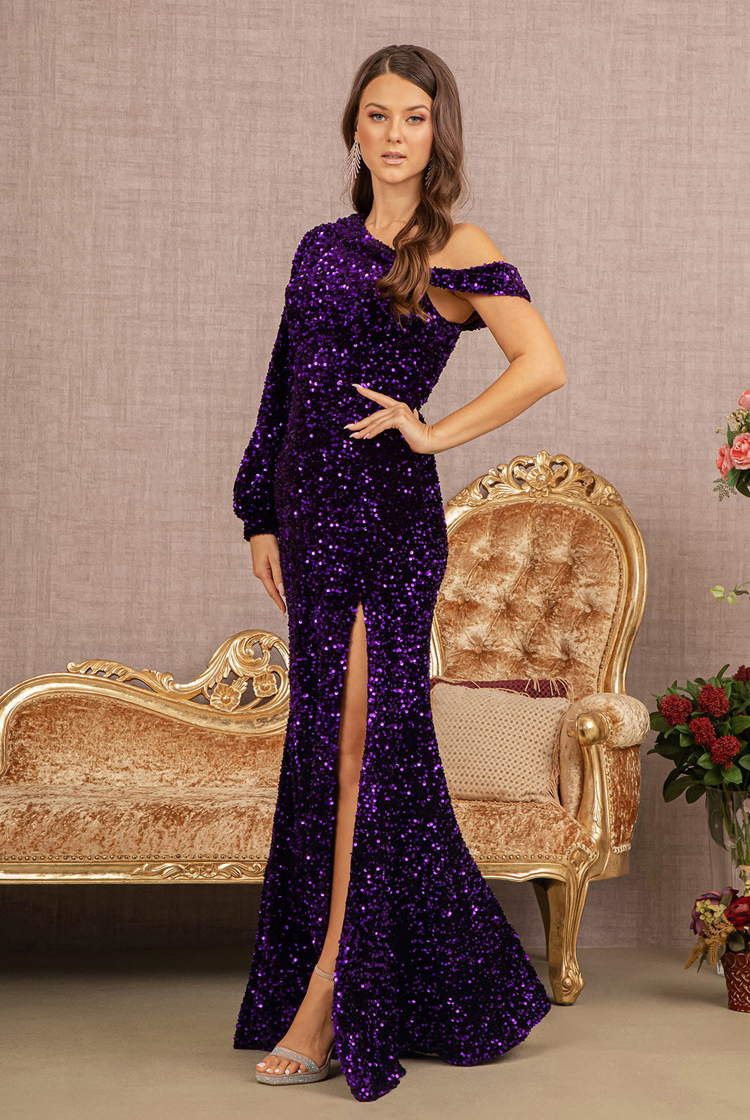 Sequin Asymmetric Velvet Mermaid Dress One Long Puff Sleeve GLGL3159-PROM-smcfashion.com