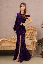 Sequin Asymmetric Velvet Mermaid Dress One Long Puff Sleeve GLGL3159-PROM-smcfashion.com