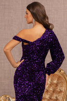 Sequin Asymmetric Velvet Mermaid Dress One Long Puff Sleeve GLGL3159-PROM-smcfashion.com