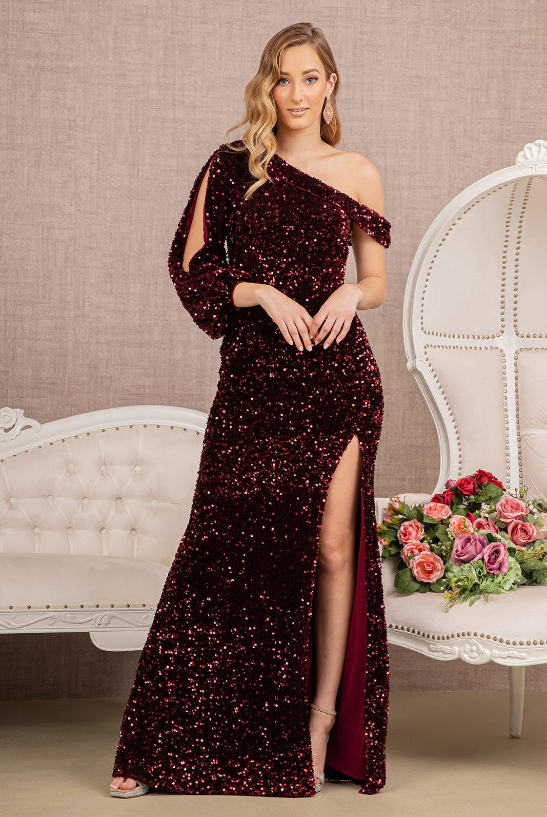 Sequin Asymmetric Velvet Mermaid Dress One Long Puff Sleeve GLGL3159-PROM-smcfashion.com