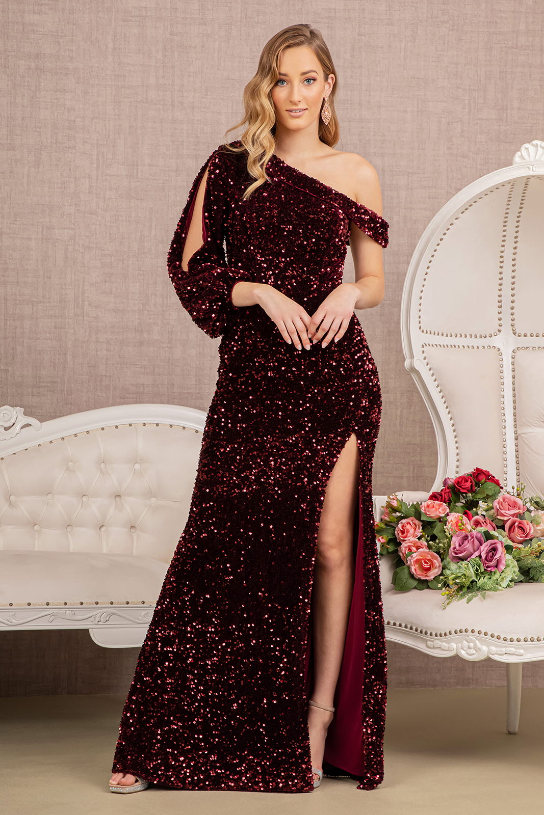 Sequin Asymmetric Velvet Mermaid Dress One Long Puff Sleeve GLGL3159-PROM-smcfashion.com