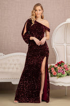 Sequin Asymmetric Velvet Mermaid Dress One Long Puff Sleeve GLGL3159-PROM-smcfashion.com