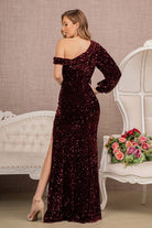 Sequin Asymmetric Velvet Mermaid Dress One Long Puff Sleeve GLGL3159-PROM-smcfashion.com