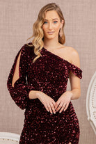 Sequin Asymmetric Velvet Mermaid Dress One Long Puff Sleeve GLGL3159-PROM-smcfashion.com