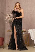 Ruched Bodice Mesh Mermaid Dress One Long Mesh Sleeve GLGL3160-PROM-smcfashion.com