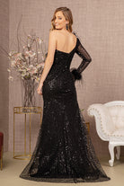 Ruched Bodice Mesh Mermaid Dress One Long Mesh Sleeve GLGL3160-PROM-smcfashion.com