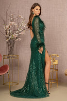 Ruched Bodice Mesh Mermaid Dress One Long Mesh Sleeve GLGL3160-PROM-smcfashion.com