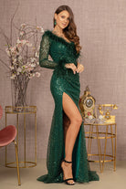 Ruched Bodice Mesh Mermaid Dress One Long Mesh Sleeve GLGL3160-PROM-smcfashion.com