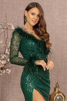 Ruched Bodice Mesh Mermaid Dress One Long Mesh Sleeve GLGL3160-PROM-smcfashion.com