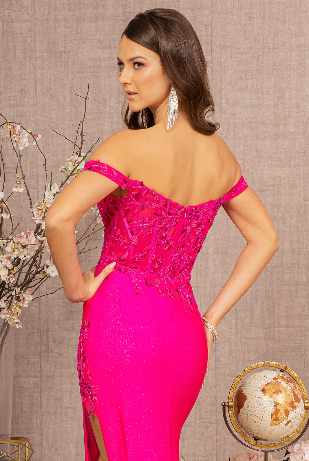 Glitter Sheer Bodice Off Shoulder Mermaid Dress Sheer Slit GLGL3162-PROM-smcfashion.com