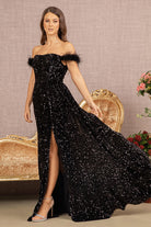 Feather Sequin Velvet Mermaid Dress Velvet Side Waist Layer GLGL3163-PROM-smcfashion.com