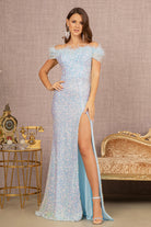 Sequin Off Shoulder Mesh Mermaid Dress Feather on Neckline GLGL3164-PROM-smcfashion.com