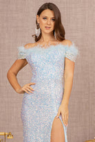 Sequin Off Shoulder Mesh Mermaid Dress Feather on Neckline GLGL3164-PROM-smcfashion.com