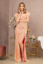 Sequin Off Shoulder Mesh Mermaid Dress Feather on Neckline GLGL3164-PROM-smcfashion.com