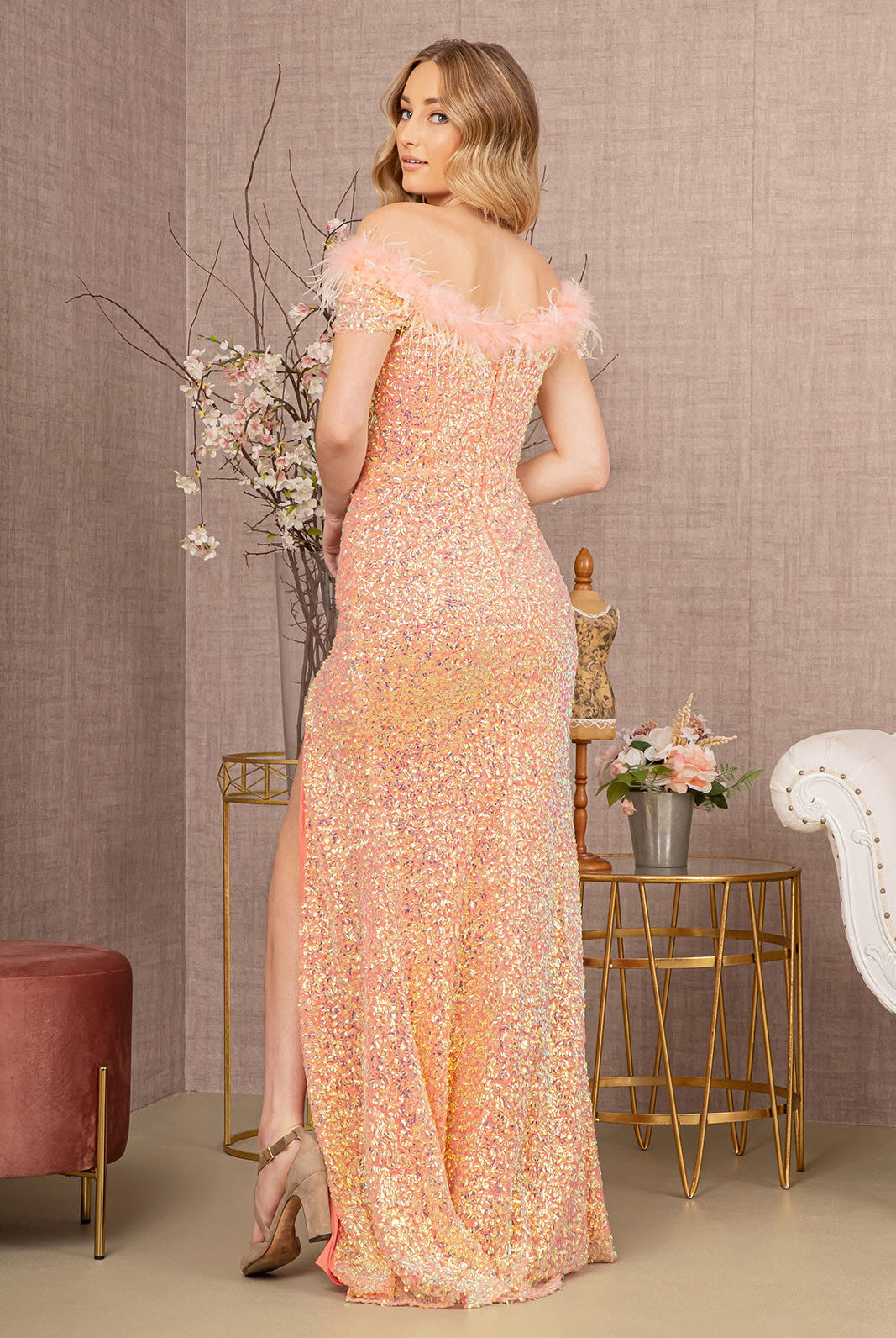 Sequin Off Shoulder Mesh Mermaid Dress Feather on Neckline GLGL3164-PROM-smcfashion.com