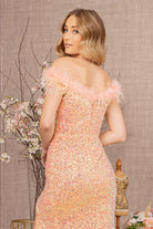 Sequin Off Shoulder Mesh Mermaid Dress Feather on Neckline GLGL3164-PROM-smcfashion.com