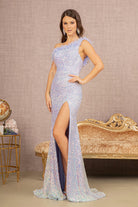Sequin Asymmetric Cut-out Back Mermaid Dress Feather Strap GLGL3165-PROM-smcfashion.com