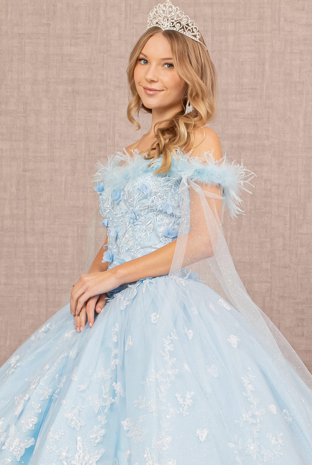 Feather 3-D Flower Quinceanera Gown Detachable Side Mesh Layer GLGL3166-QUINCEANERA-smcfashion.com